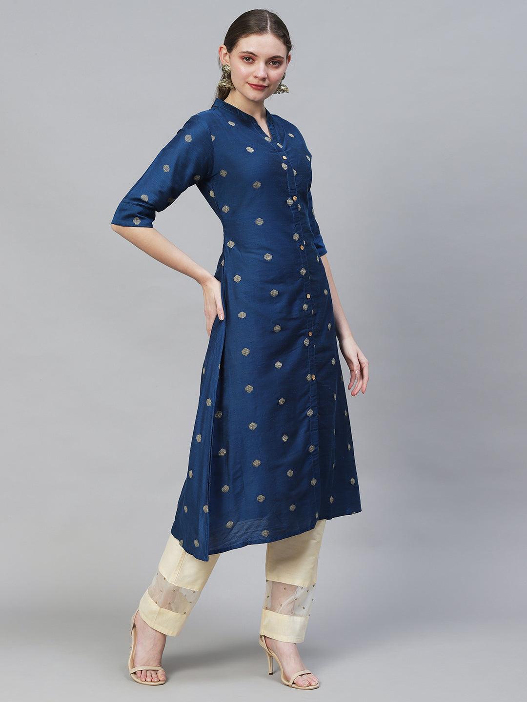 Ethnic Woven A-Line Kurta – Royal Blue - Indiakreations