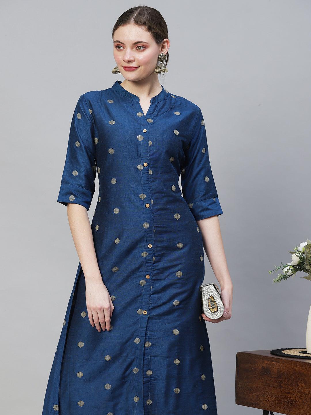 Ethnic Woven A-Line Kurta – Royal Blue - Indiakreations