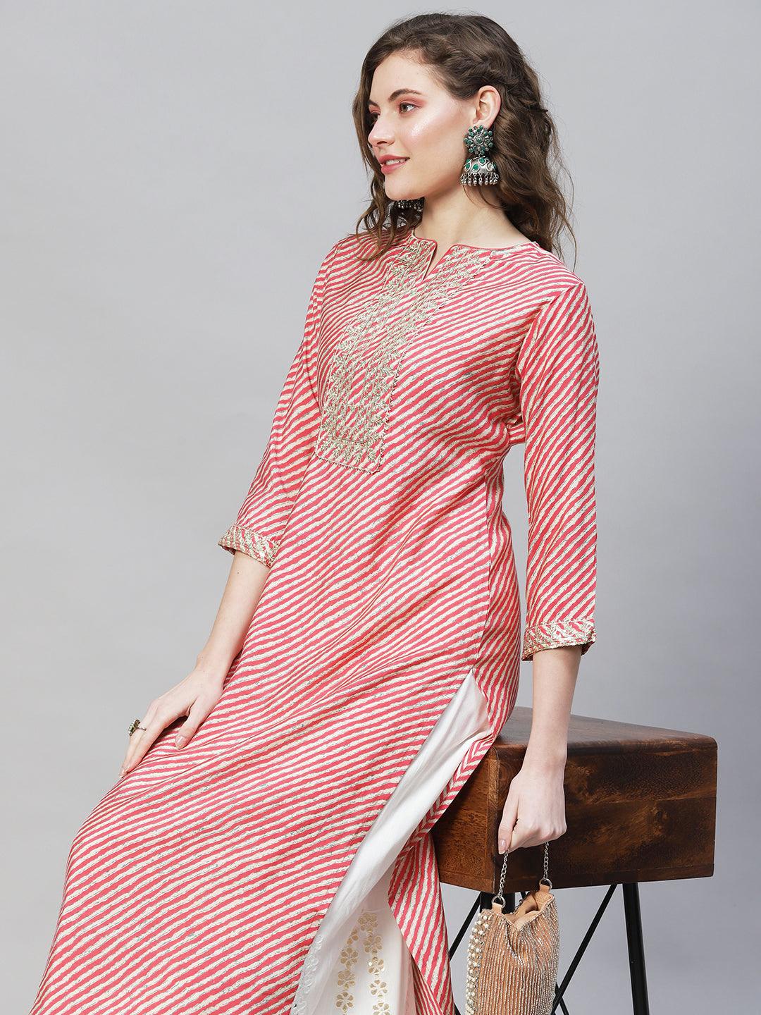 Leheriya Printed & Embroidered Straight Fit Kurta – Multi - Indiakreations