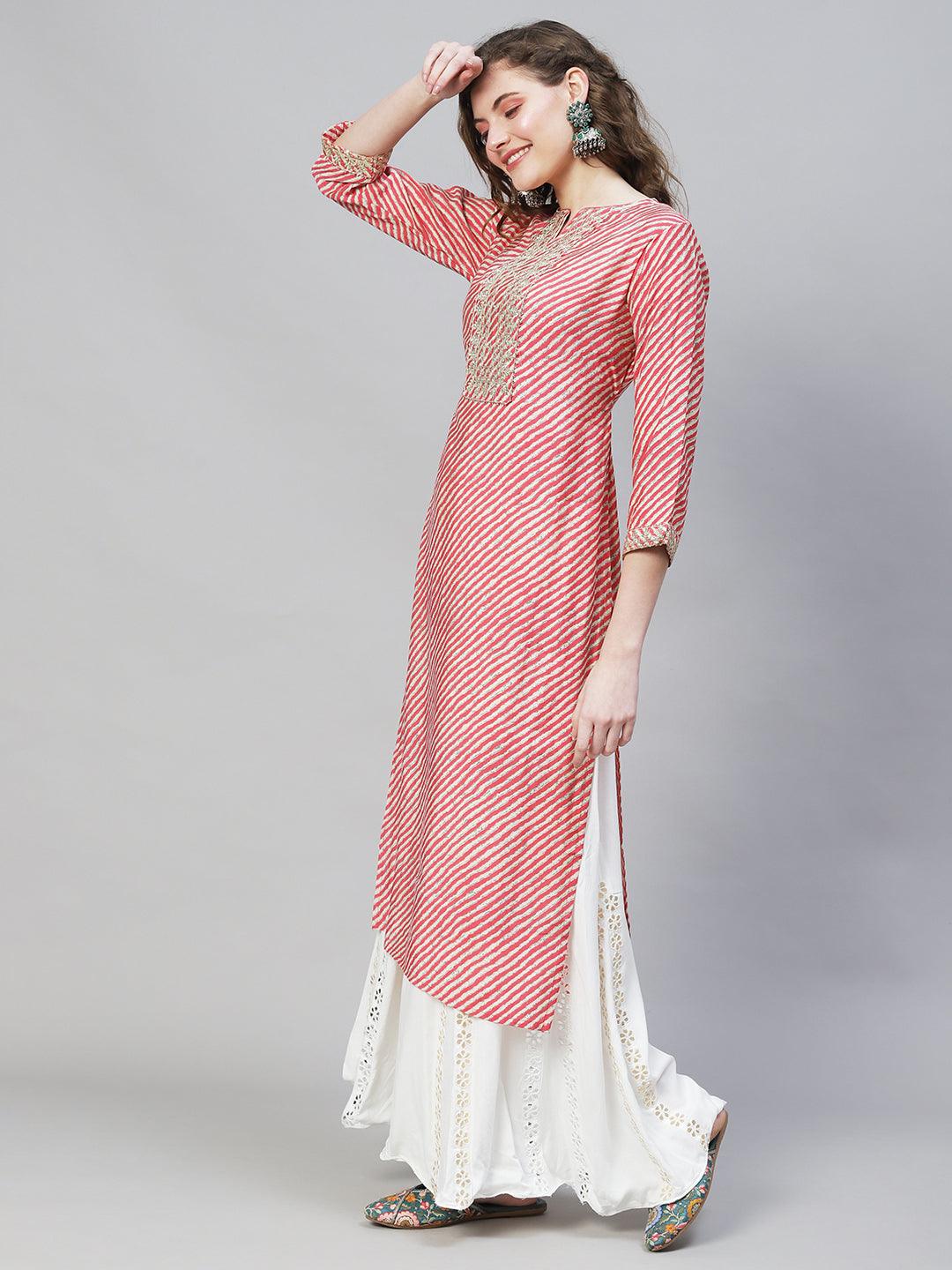 Leheriya Printed & Embroidered Straight Fit Kurta – Multi - Indiakreations