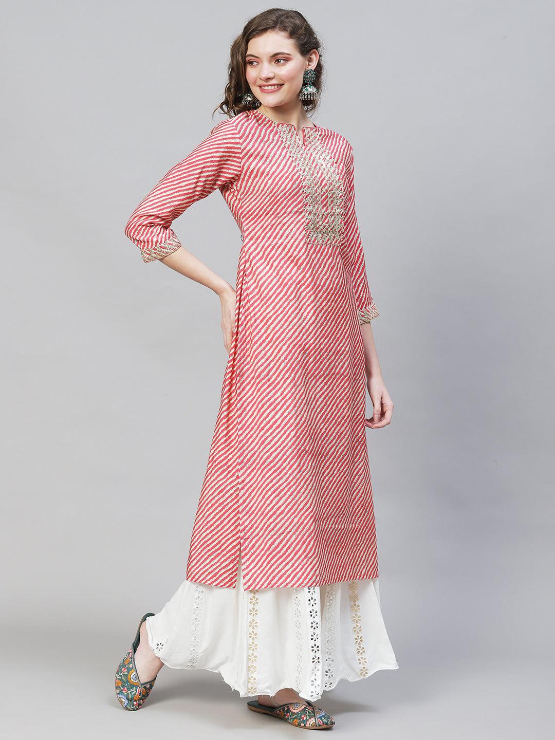 Leheriya Printed & Embroidered Straight Fit Kurta – Multi - Indiakreations