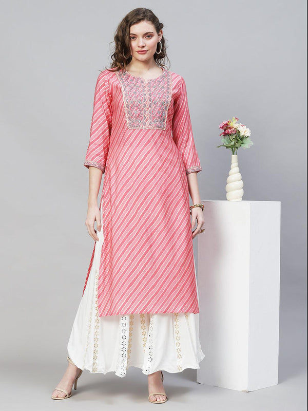 Leheriya Printed & Embroidered Straight Fit Kurta - Pink - Indiakreations