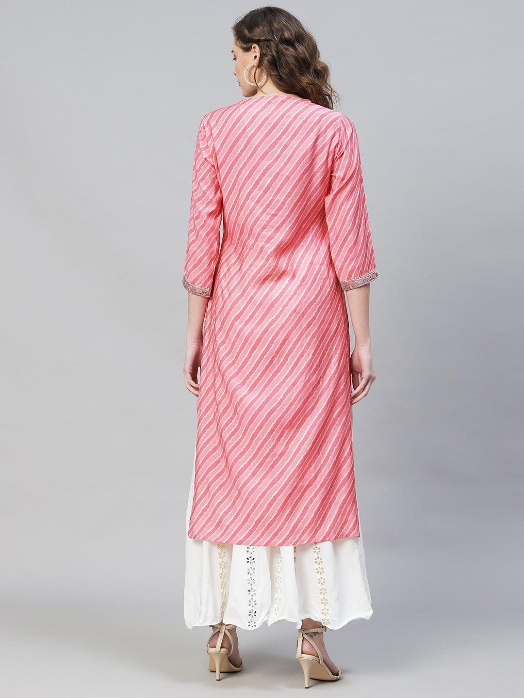 Leheriya Printed & Embroidered Straight Fit Kurta - Pink - Indiakreations