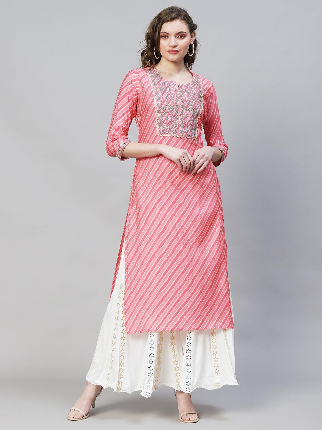 Leheriya Printed & Embroidered Straight Fit Kurta - Pink - Indiakreations