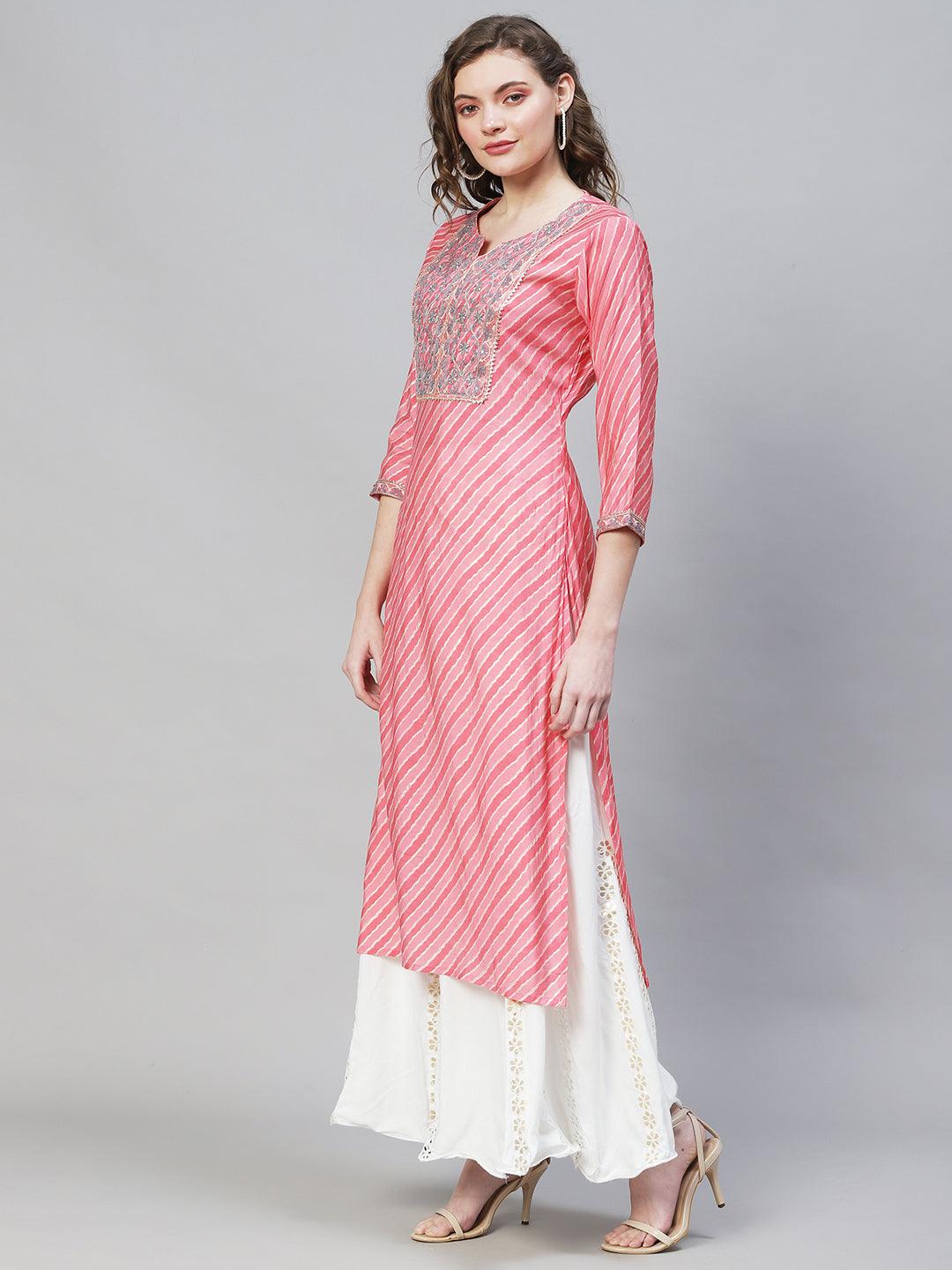 Leheriya Printed & Embroidered Straight Fit Kurta - Pink - Indiakreations