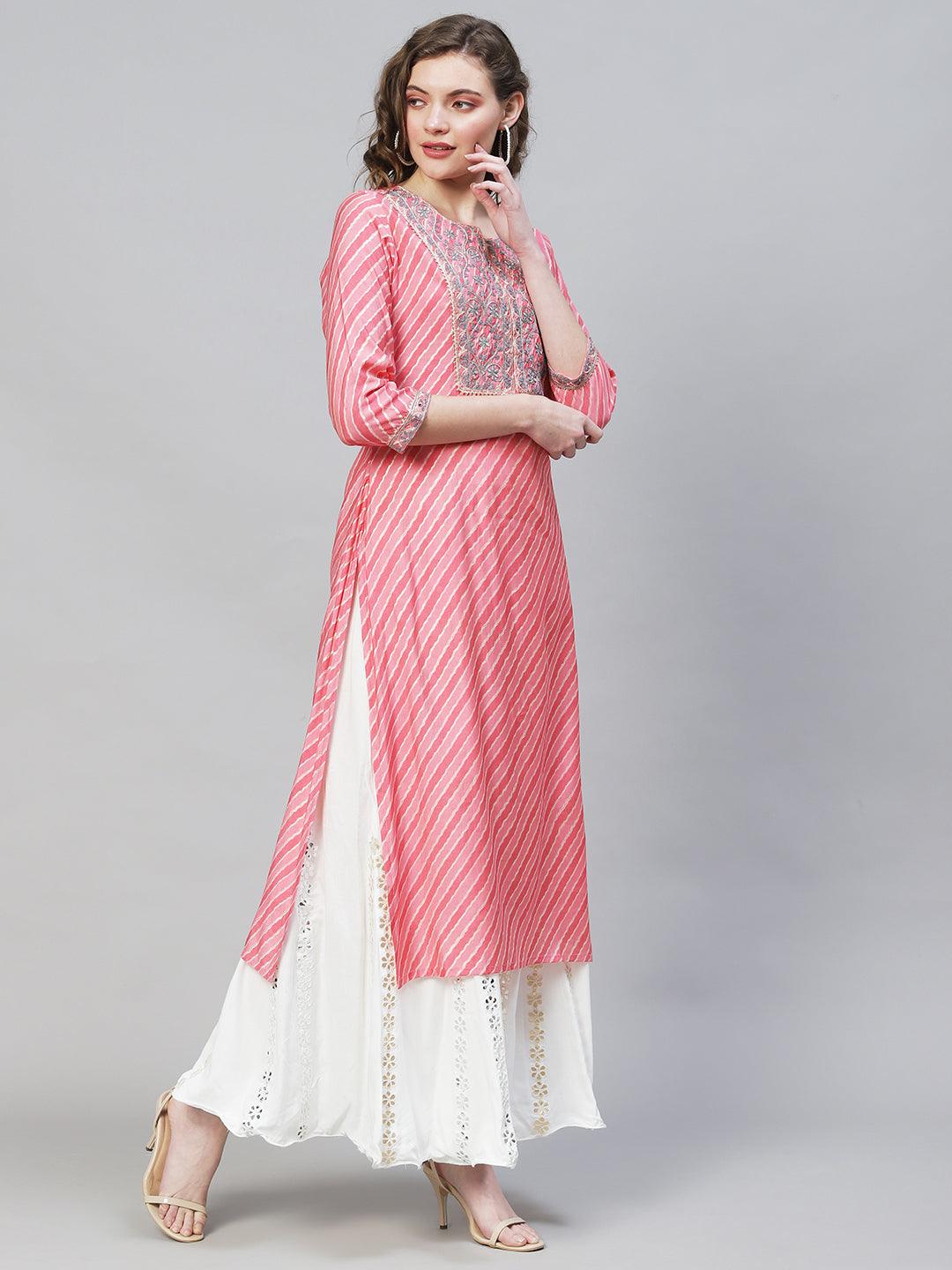 Leheriya Printed & Embroidered Straight Fit Kurta - Pink - Indiakreations