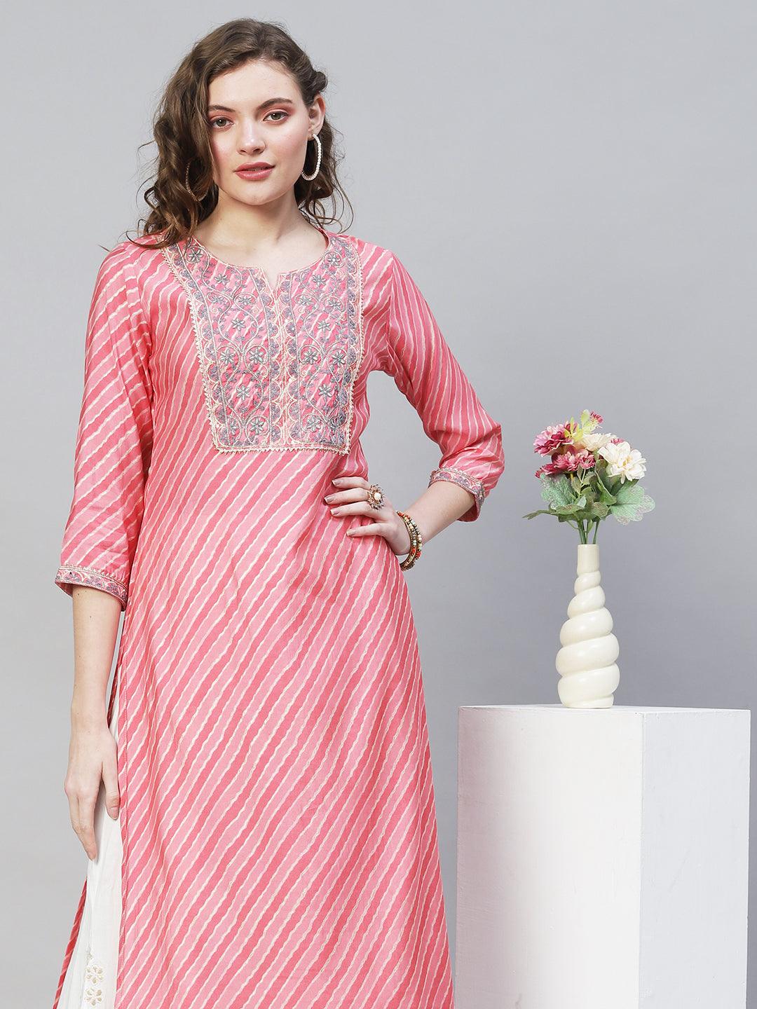 Leheriya Printed & Embroidered Straight Fit Kurta - Pink - Indiakreations