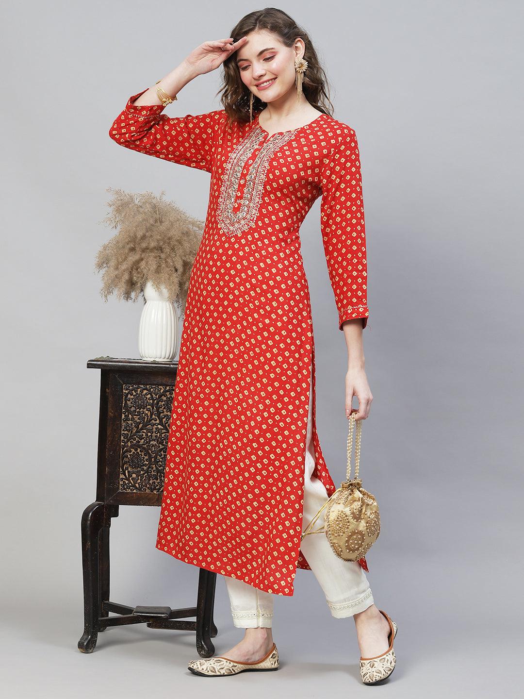 Bandhani Printed & Embroidered Straight Fit Kurta - Red - Indiakreations