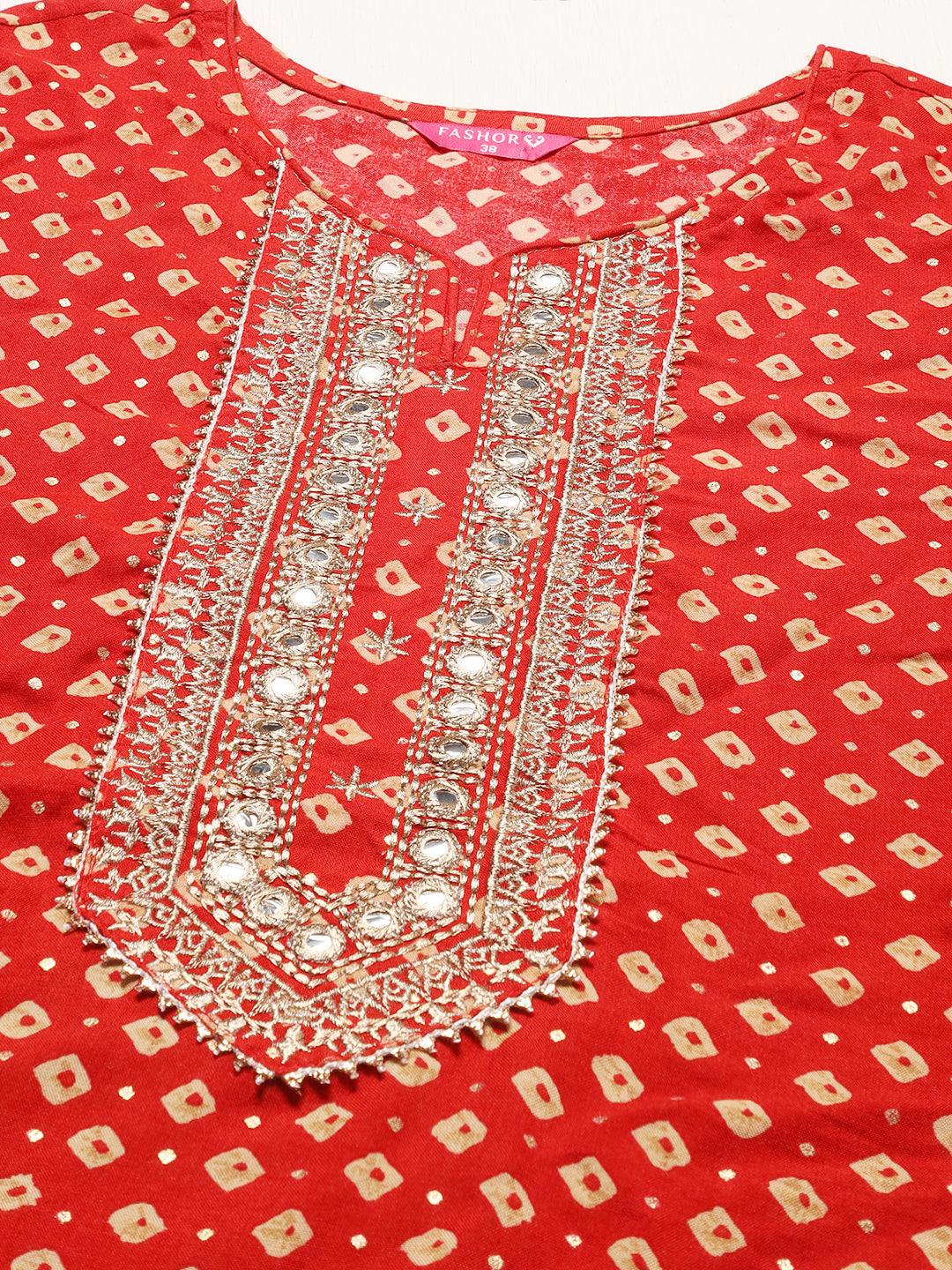 Bandhani Printed & Embroidered Straight Fit Kurta - Red - Indiakreations