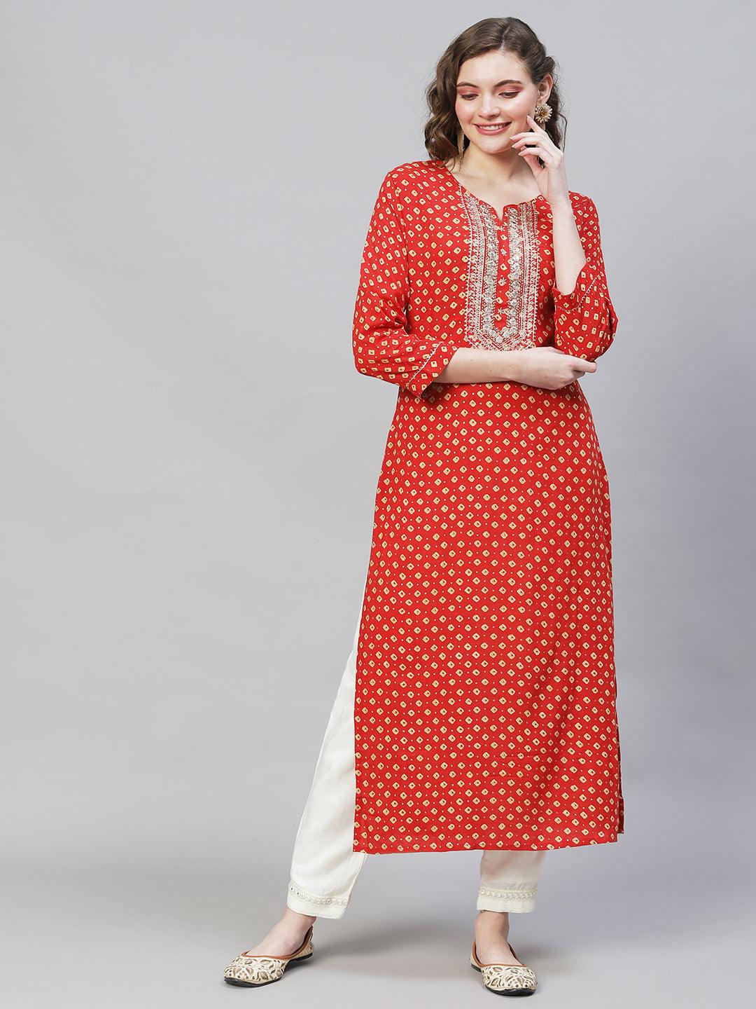 Bandhani Printed & Embroidered Straight Fit Kurta - Red - Indiakreations