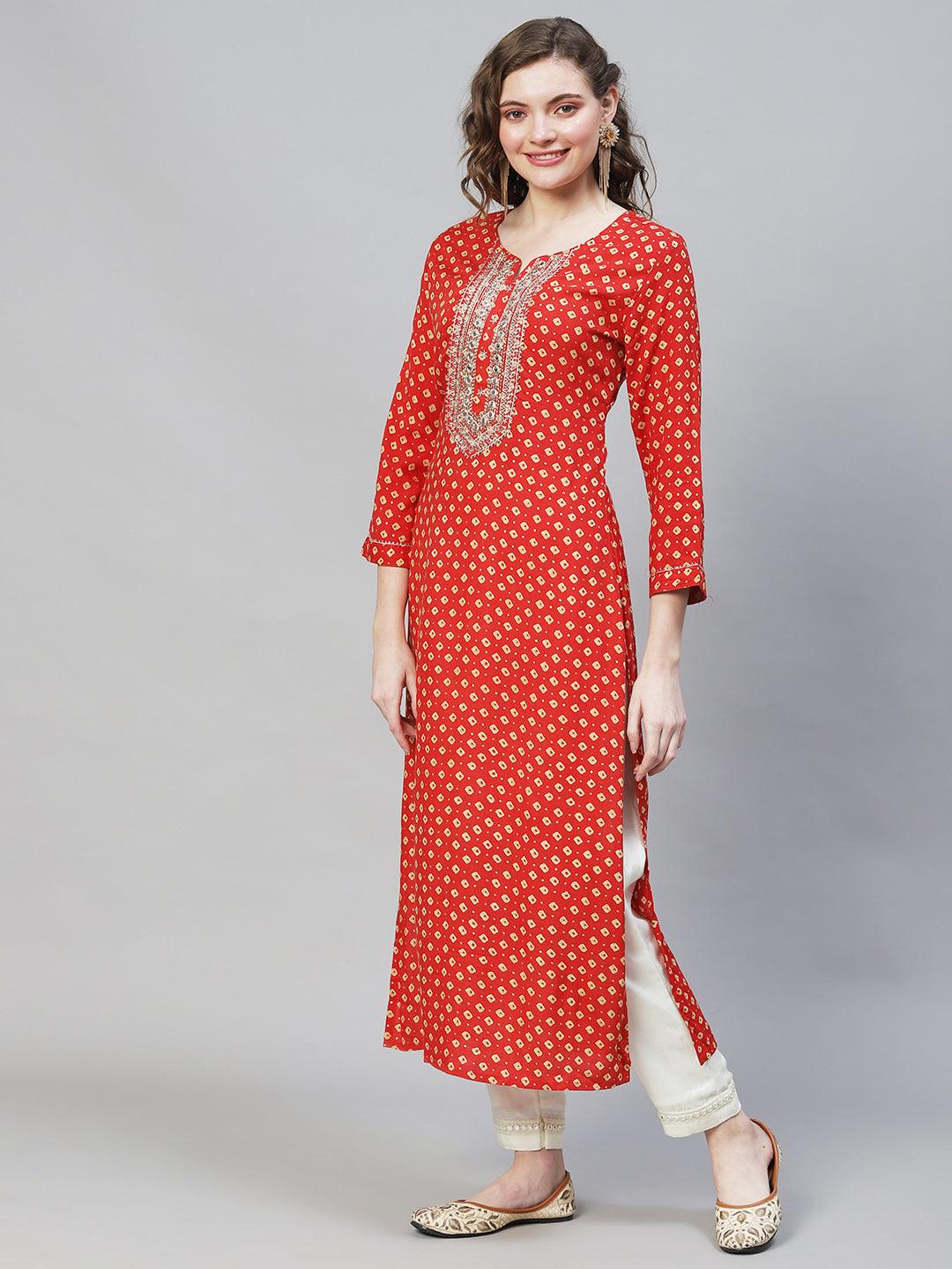 Bandhani Printed & Embroidered Straight Fit Kurta - Red - Indiakreations