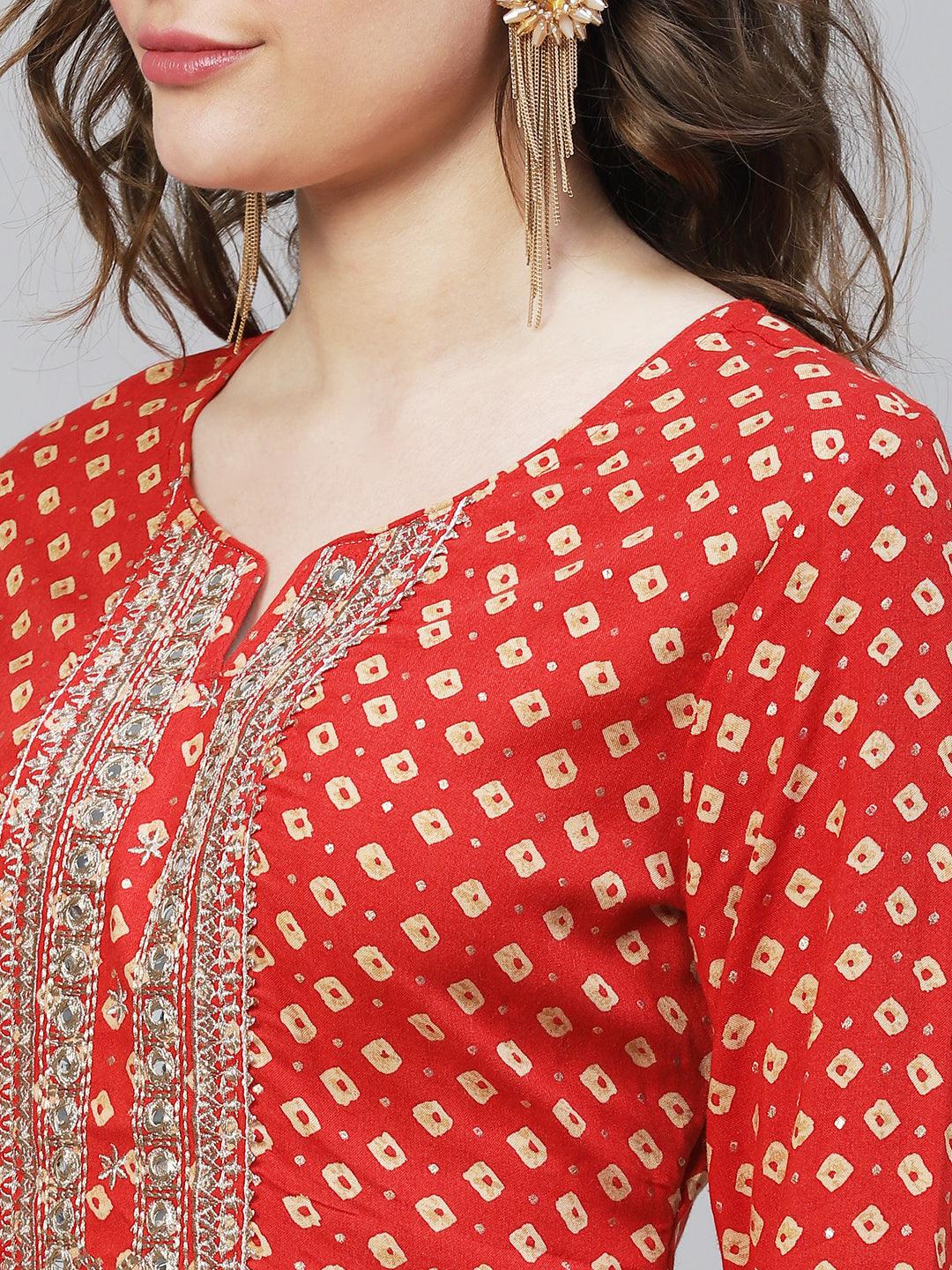 Bandhani Printed & Embroidered Straight Fit Kurta - Red - Indiakreations