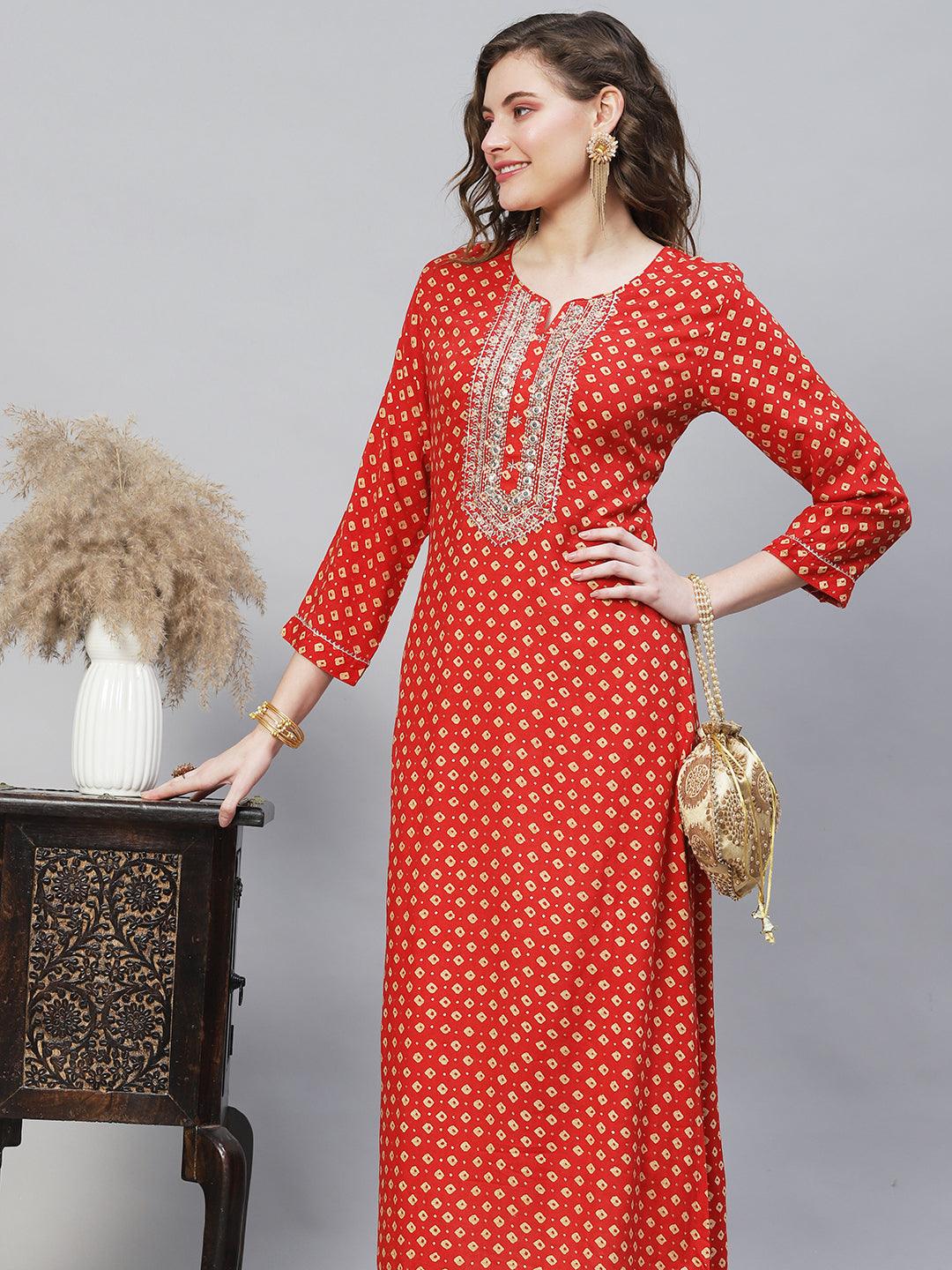 Bandhani Printed & Embroidered Straight Fit Kurta - Red - Indiakreations