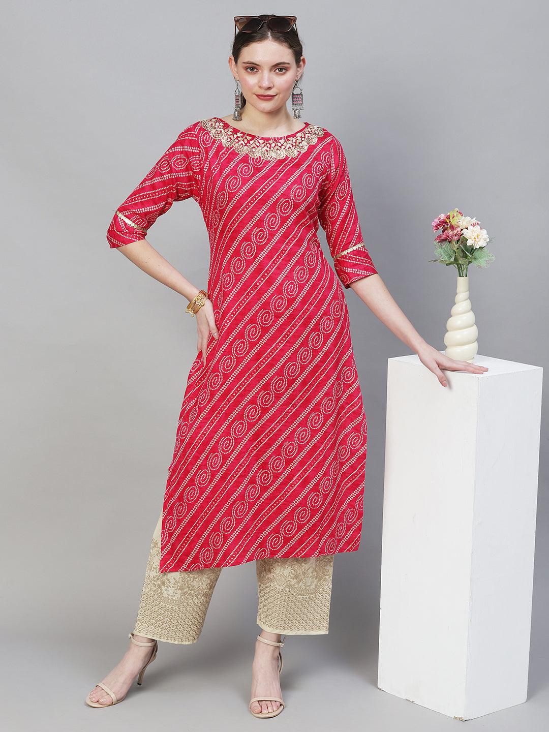 Bandhani Printed & Hand Embroidered Straight Fit Kurta – Magenta - Indiakreations