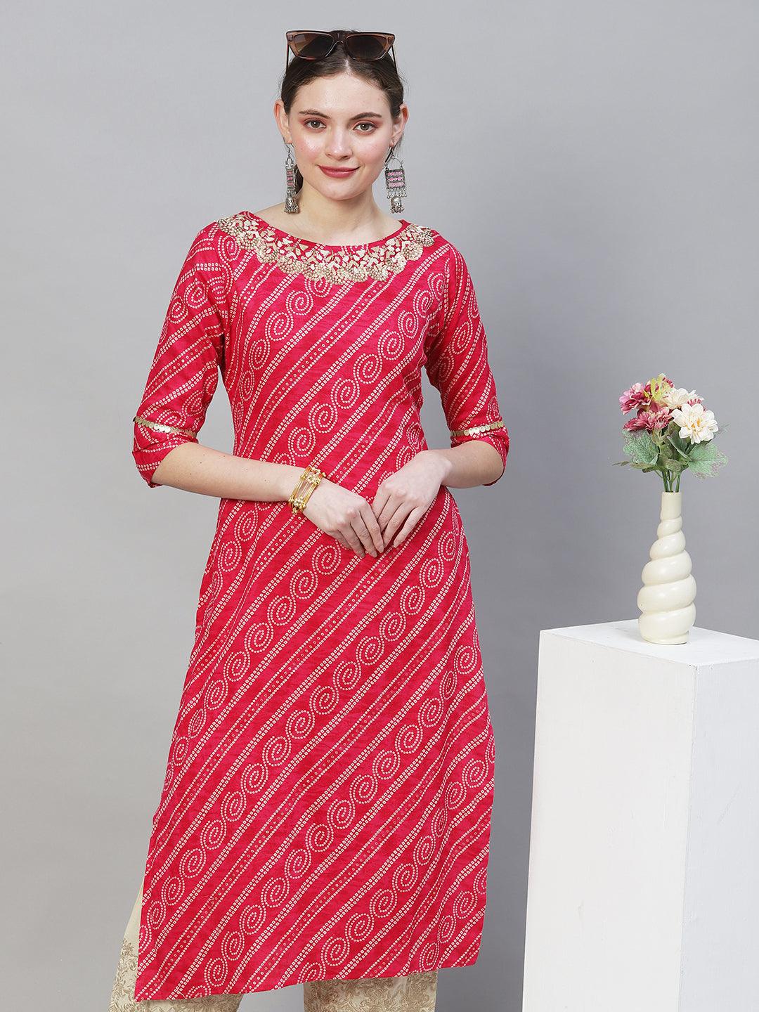 Bandhani Printed & Hand Embroidered Straight Fit Kurta – Magenta - Indiakreations