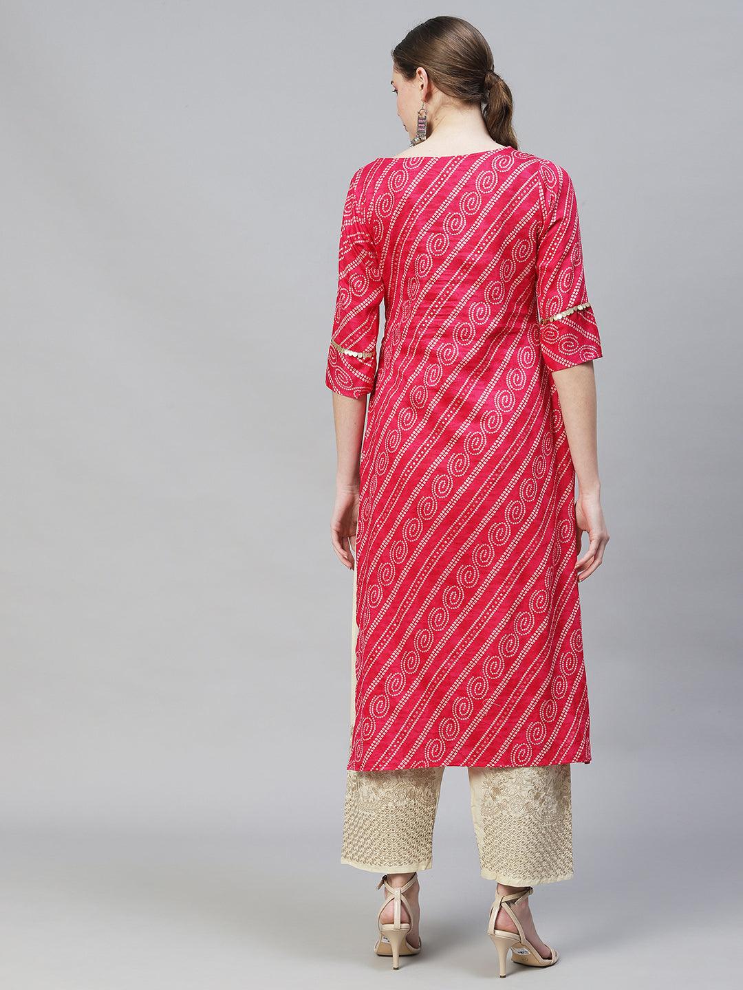 Bandhani Printed & Hand Embroidered Straight Fit Kurta – Magenta - Indiakreations