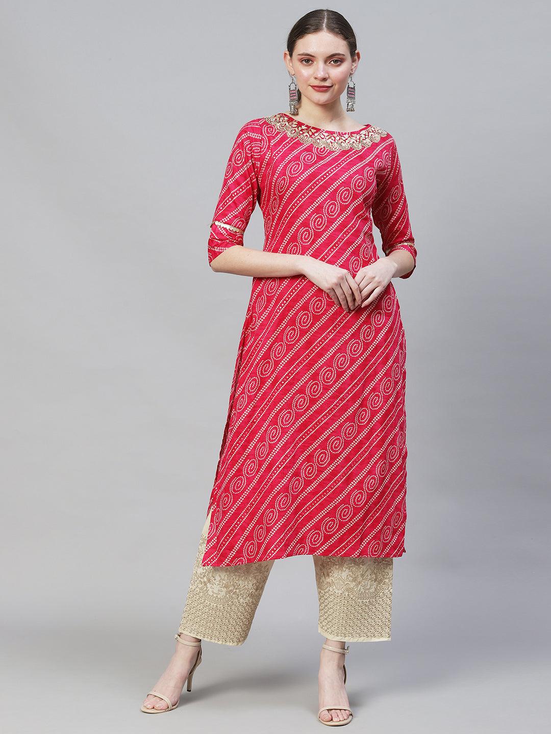 Bandhani Printed & Hand Embroidered Straight Fit Kurta – Magenta - Indiakreations