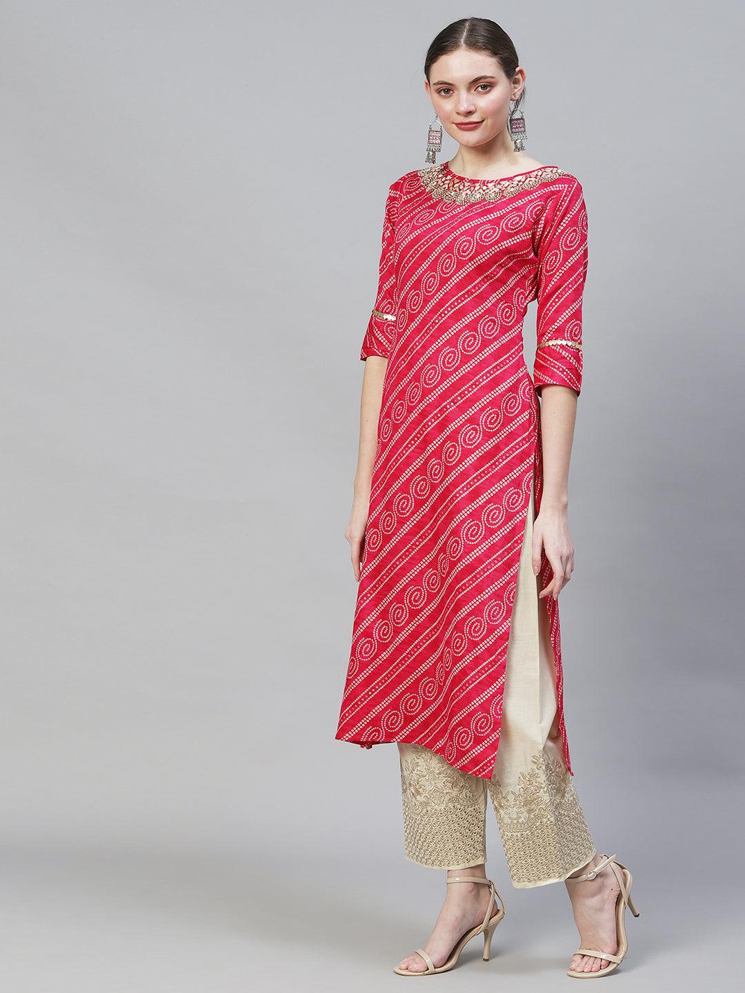 Bandhani Printed & Hand Embroidered Straight Fit Kurta – Magenta - Indiakreations