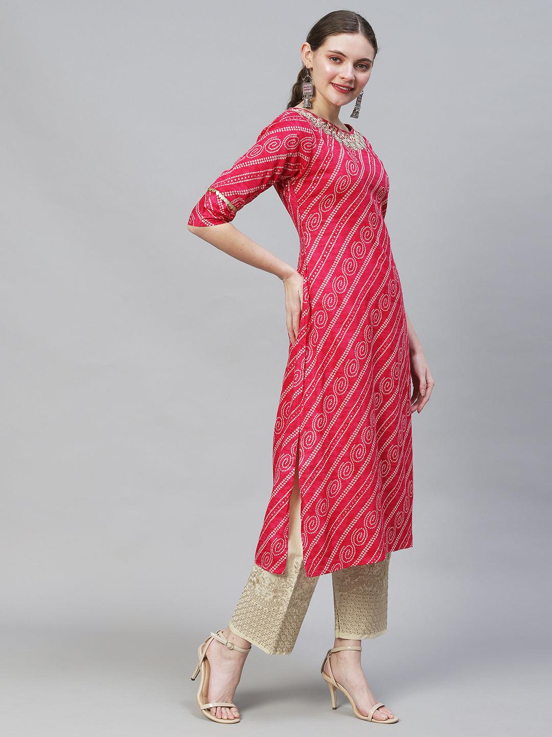 Bandhani Printed & Hand Embroidered Straight Fit Kurta – Magenta - Indiakreations