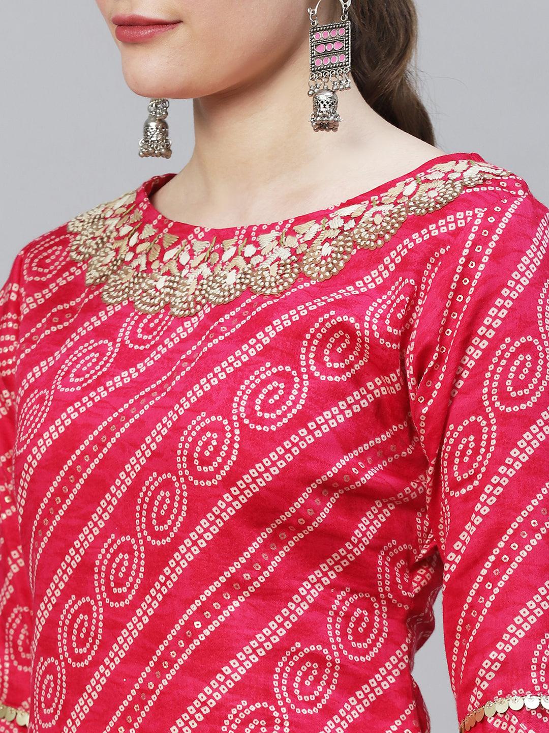 Bandhani Printed & Hand Embroidered Straight Fit Kurta – Magenta - Indiakreations