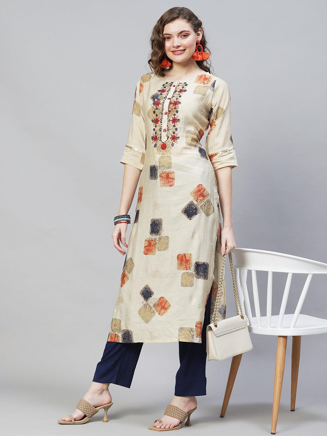 Ethnic Printed & Hand Embroidered Straight Fit Kurta – Beige - Indiakreations