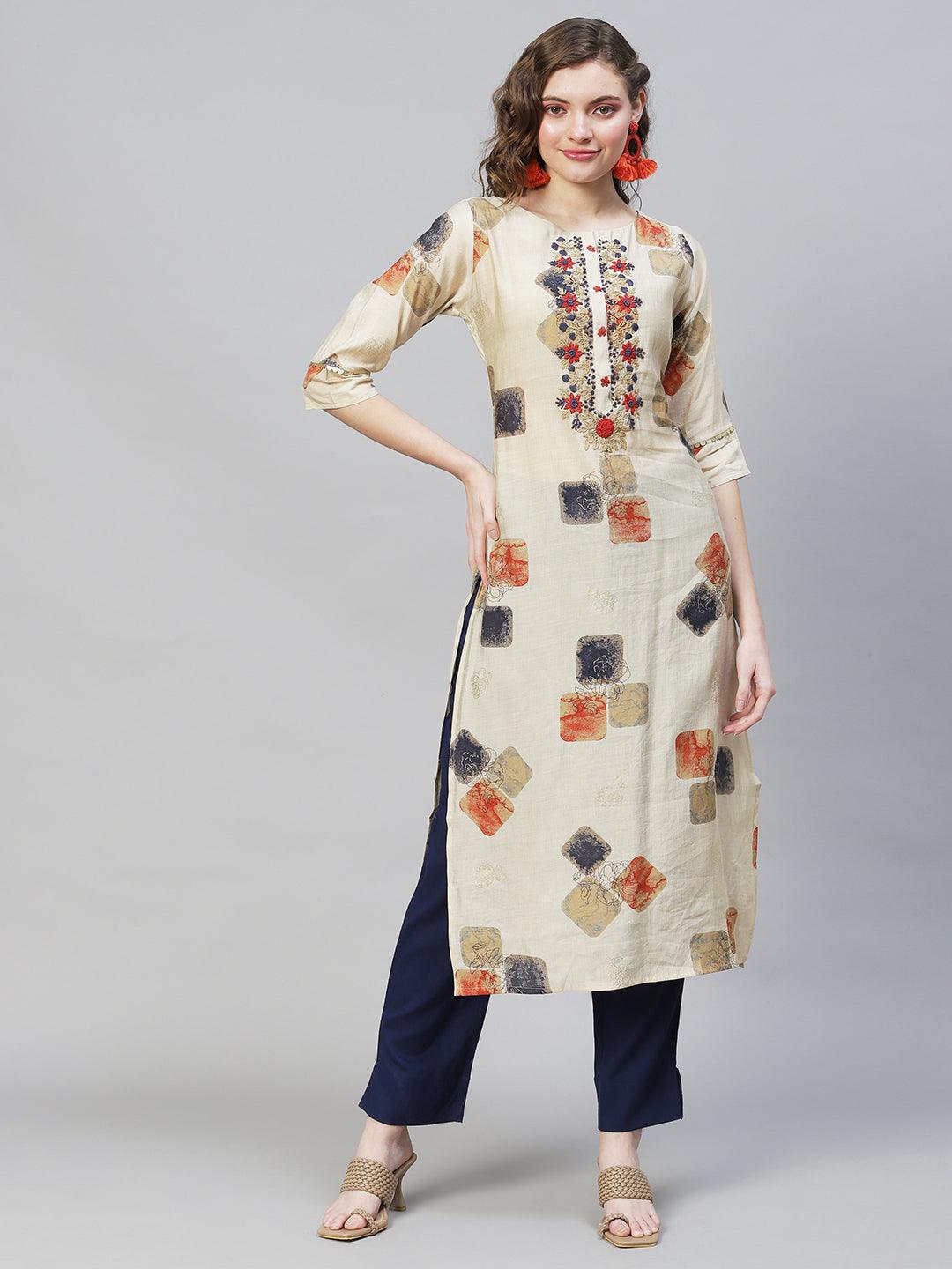 Ethnic Printed & Hand Embroidered Straight Fit Kurta – Beige - Indiakreations