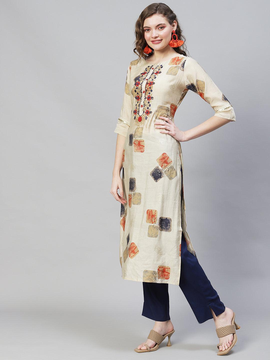 Ethnic Printed & Hand Embroidered Straight Fit Kurta – Beige - Indiakreations