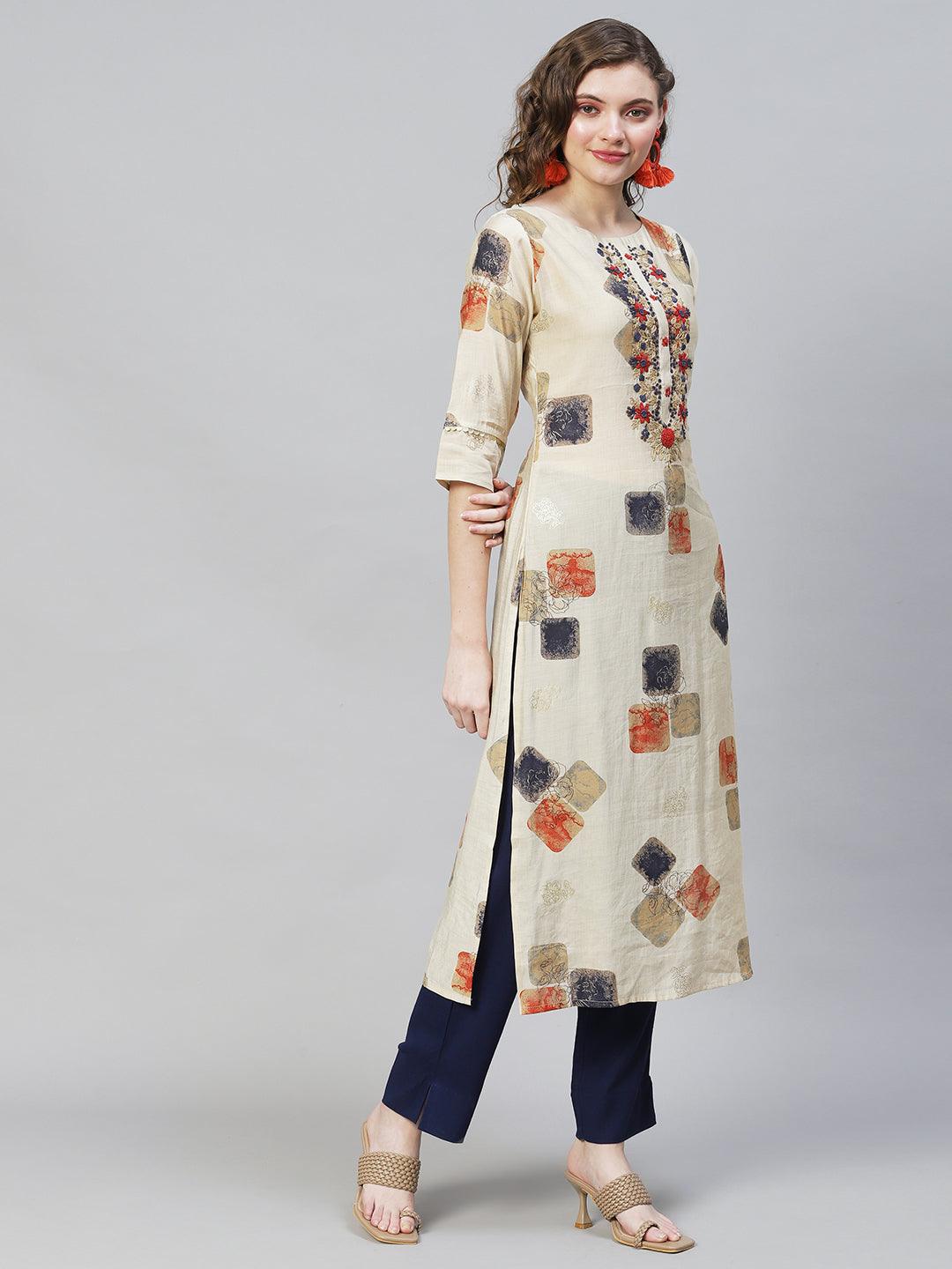 Ethnic Printed & Hand Embroidered Straight Fit Kurta – Beige - Indiakreations