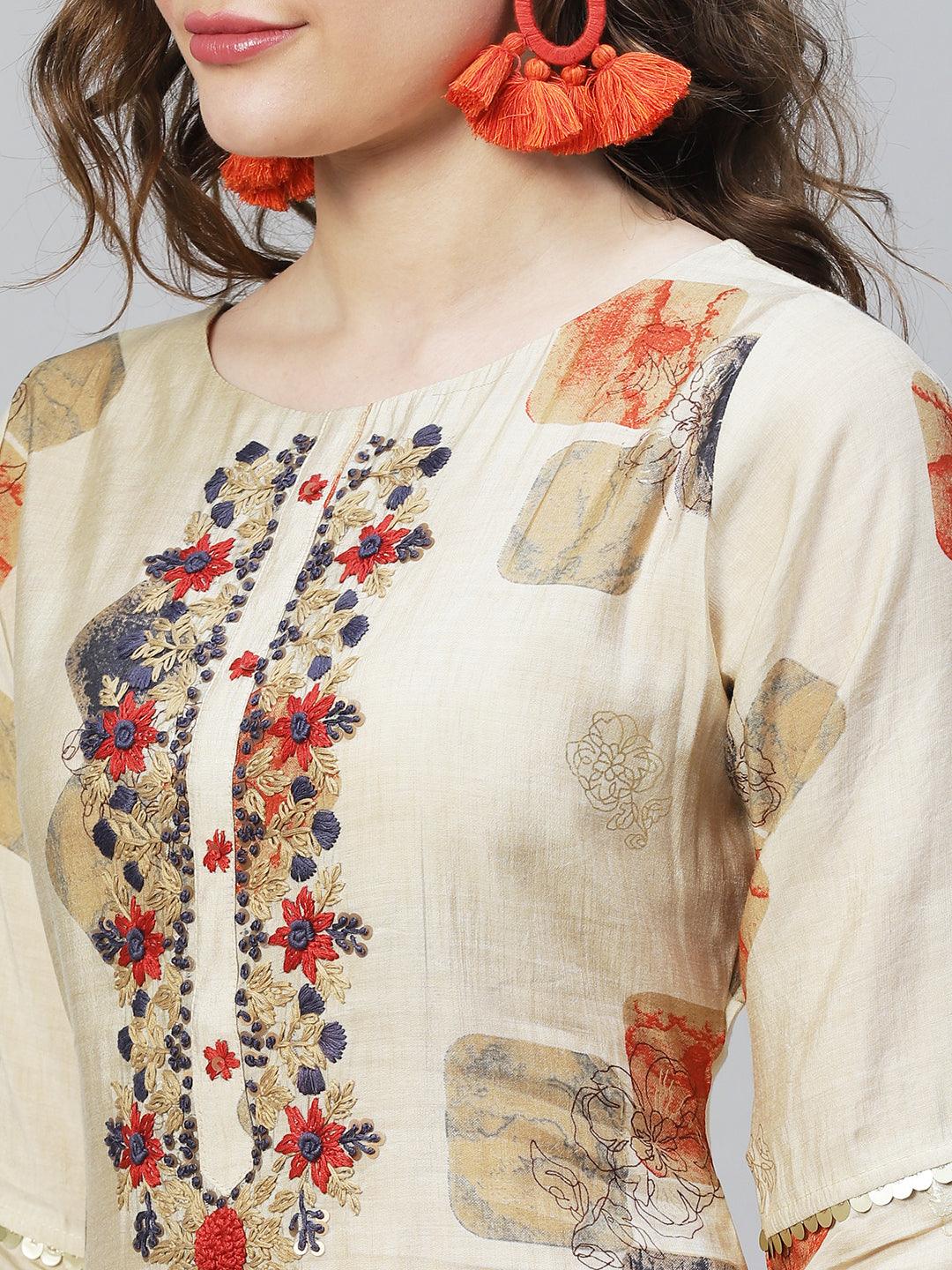 Ethnic Printed & Hand Embroidered Straight Fit Kurta – Beige - Indiakreations