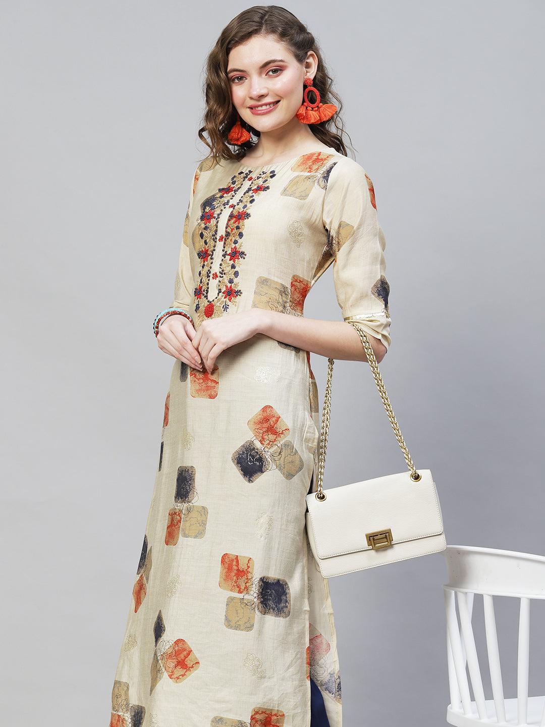 Ethnic Printed & Hand Embroidered Straight Fit Kurta – Beige - Indiakreations