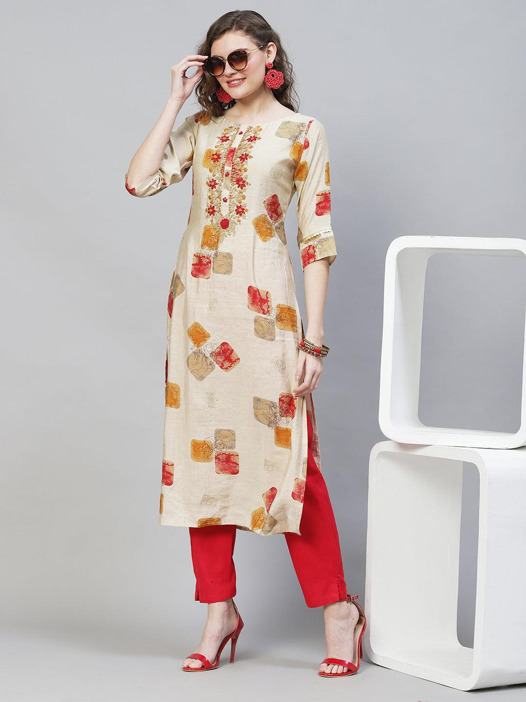 Ethnic Printed & Hand Embroidered Straight Fit Kurta – Beige - Indiakreations