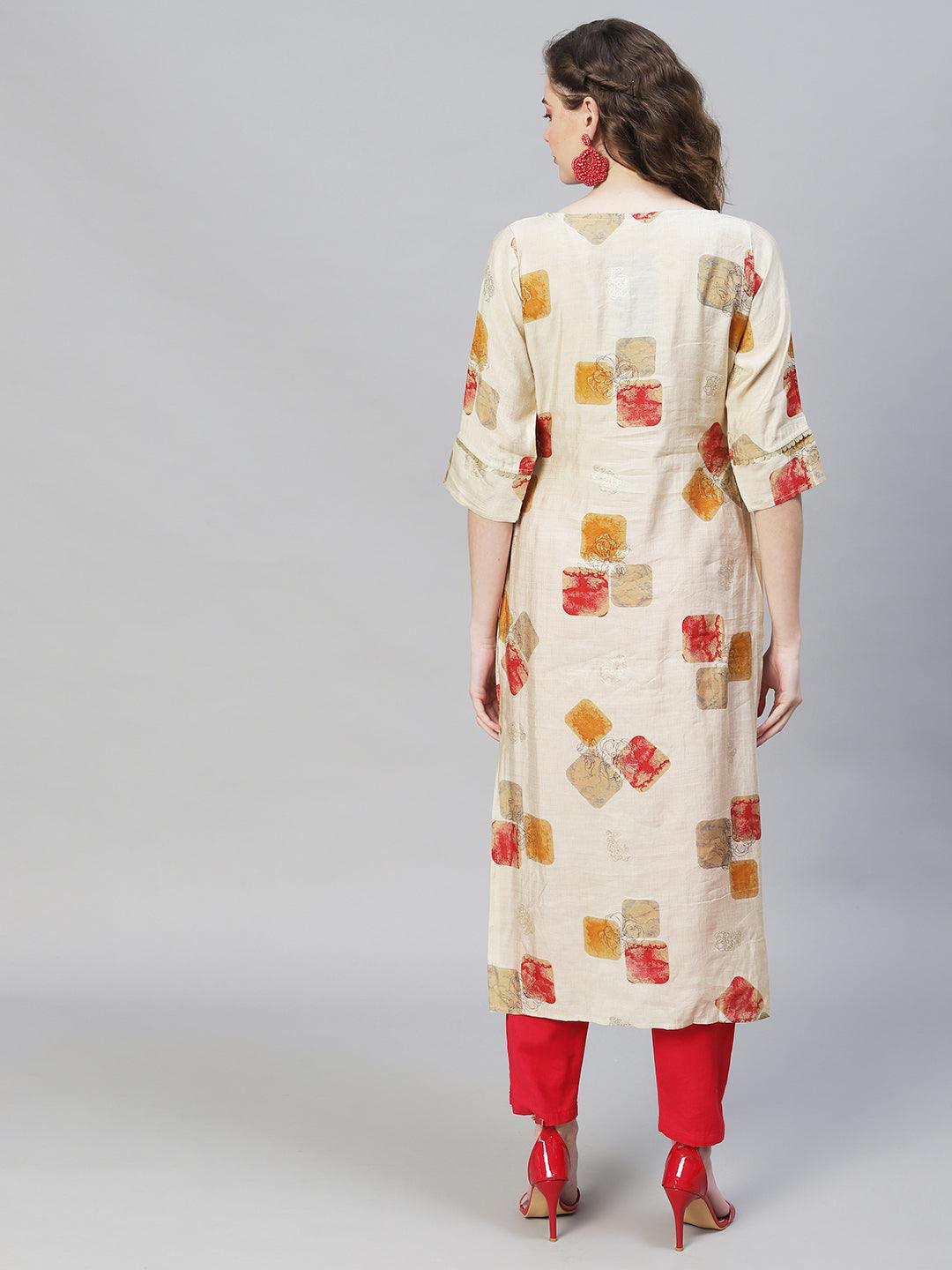 Ethnic Printed & Hand Embroidered Straight Fit Kurta – Beige - Indiakreations