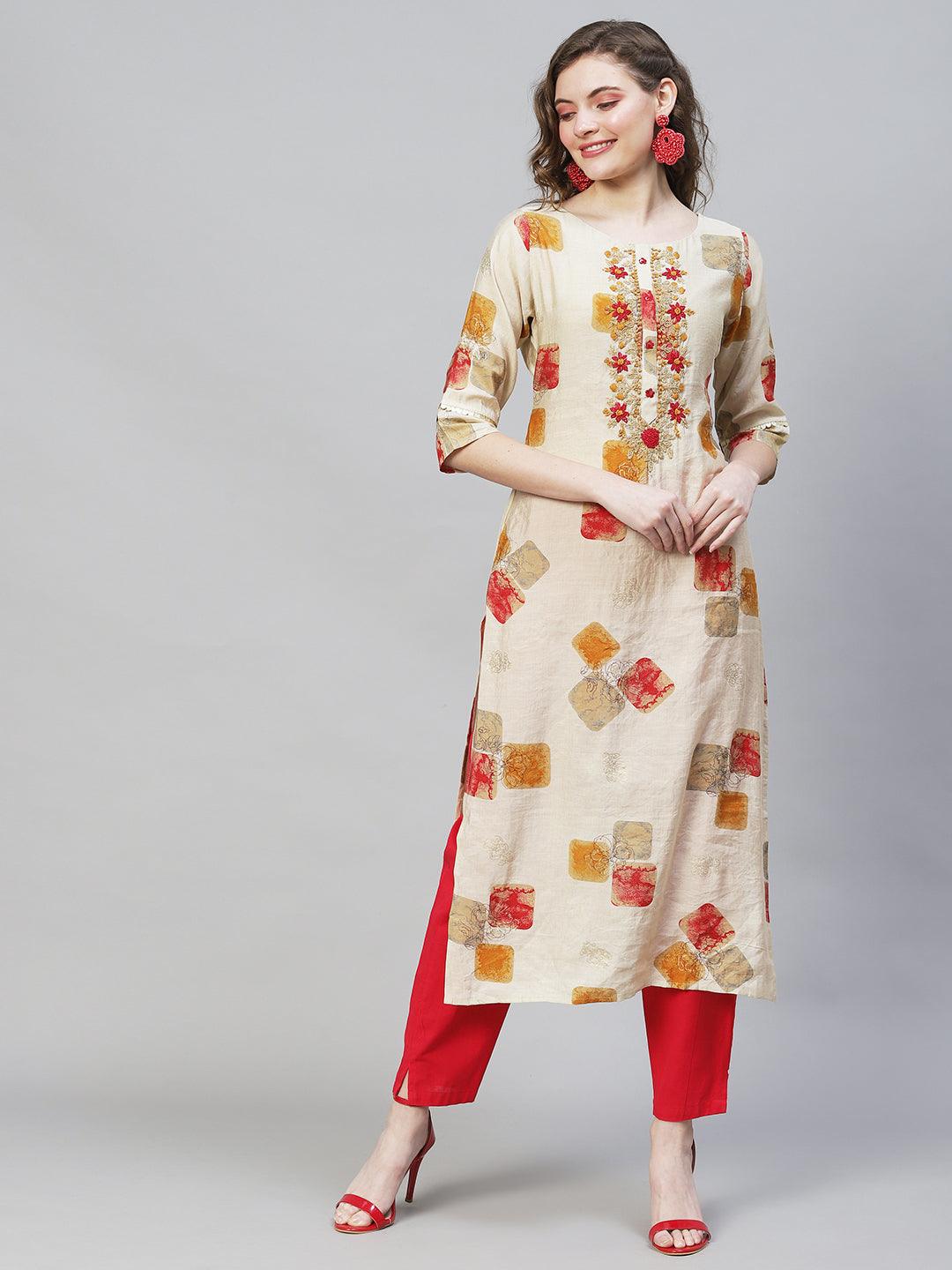 Ethnic Printed & Hand Embroidered Straight Fit Kurta – Beige - Indiakreations