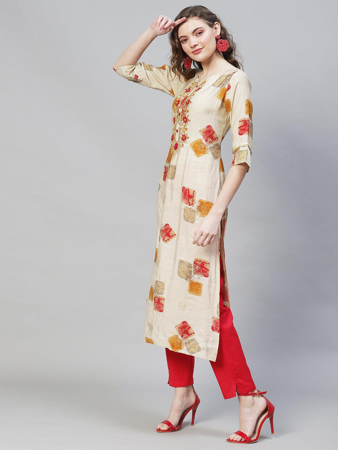 Ethnic Printed & Hand Embroidered Straight Fit Kurta – Beige - Indiakreations