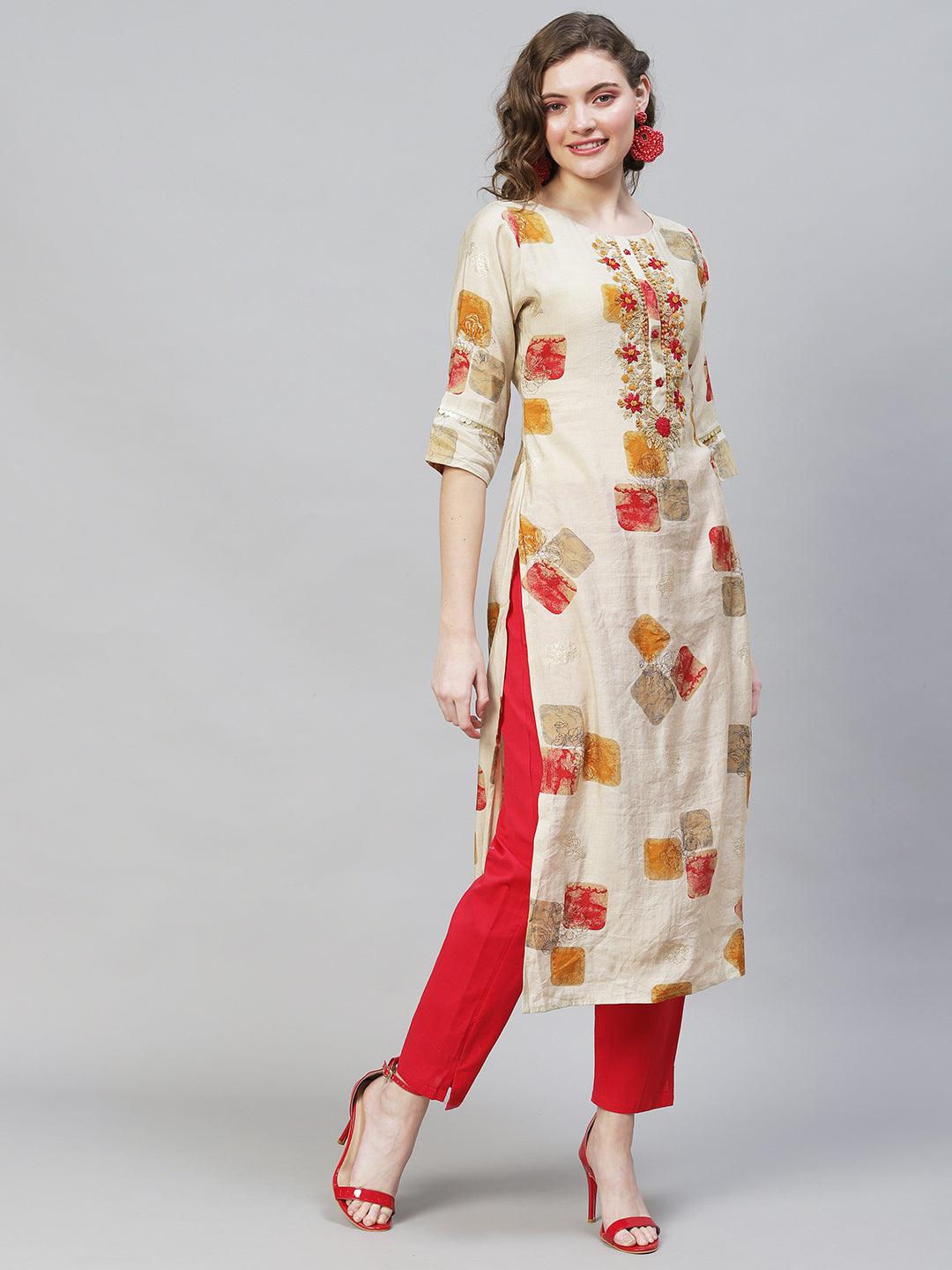 Ethnic Printed & Hand Embroidered Straight Fit Kurta – Beige - Indiakreations