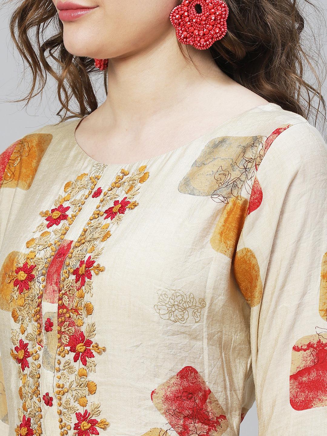 Ethnic Printed & Hand Embroidered Straight Fit Kurta – Beige - Indiakreations