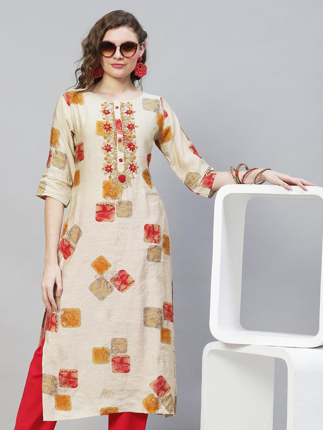 Ethnic Printed & Hand Embroidered Straight Fit Kurta – Beige - Indiakreations