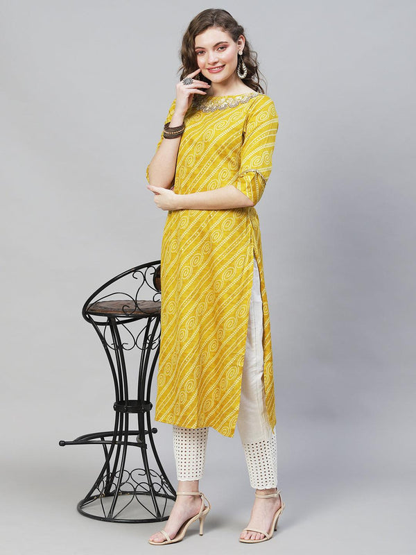 Bandhani Printed & Hand Embroidered Straight Fit Kurta – Mustard - Indiakreations