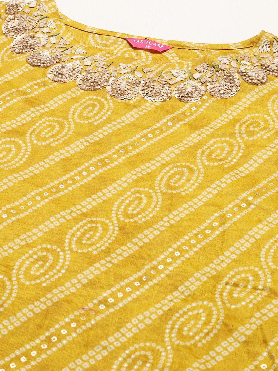 Bandhani Printed & Hand Embroidered Straight Fit Kurta – Mustard - Indiakreations