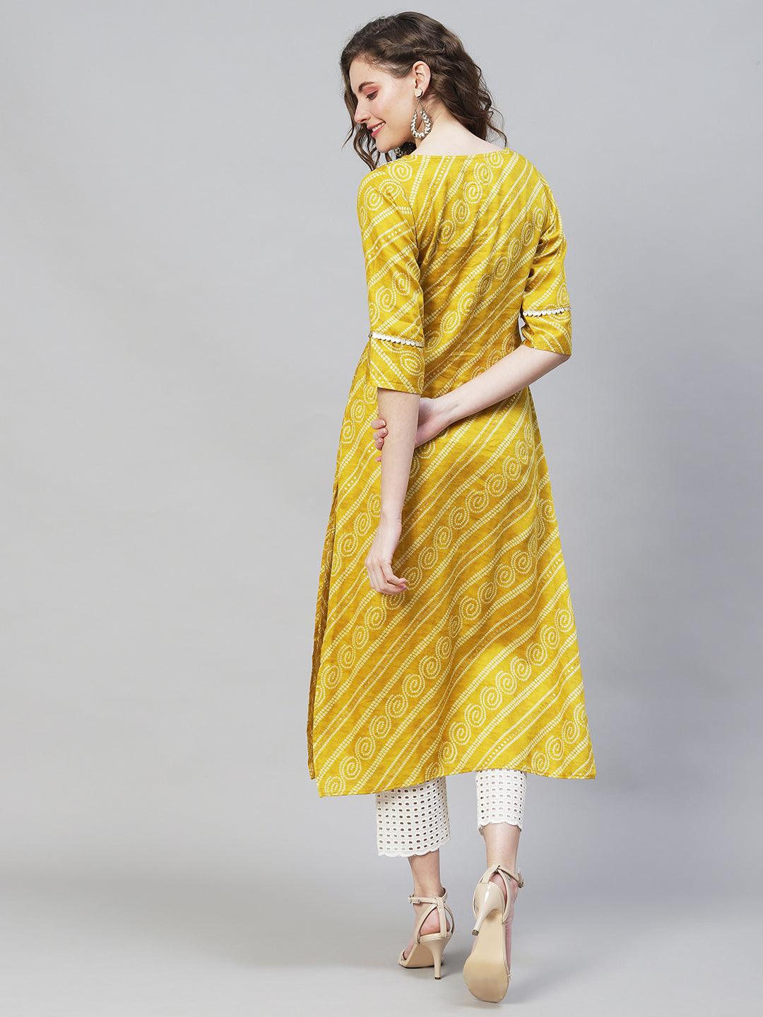 Bandhani Printed & Hand Embroidered Straight Fit Kurta – Mustard - Indiakreations