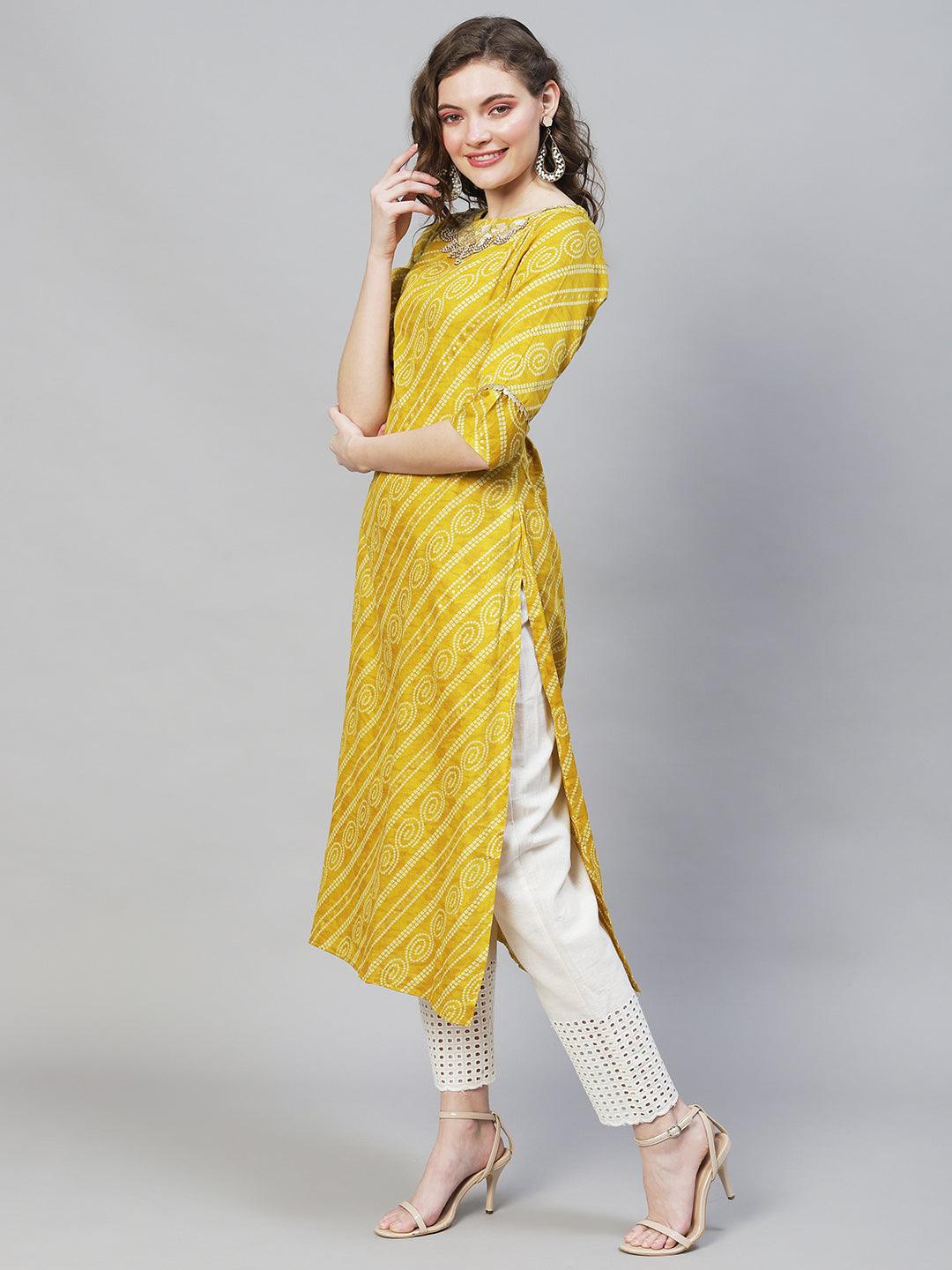 Bandhani Printed & Hand Embroidered Straight Fit Kurta – Mustard - Indiakreations