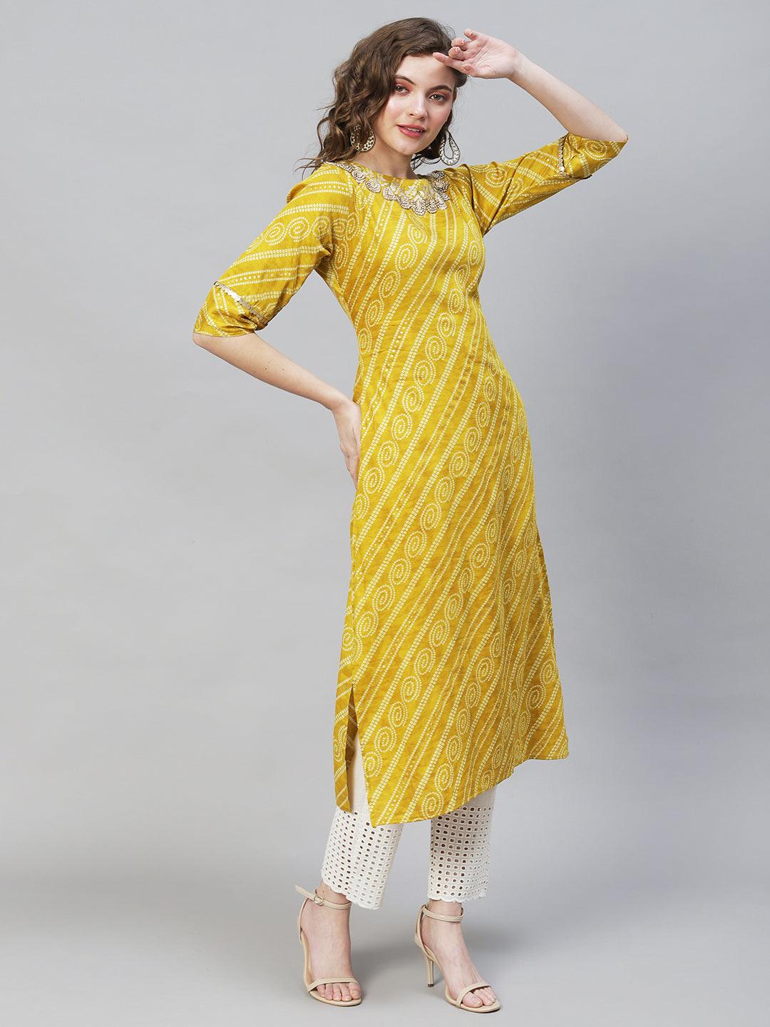 Bandhani Printed & Hand Embroidered Straight Fit Kurta – Mustard - Indiakreations