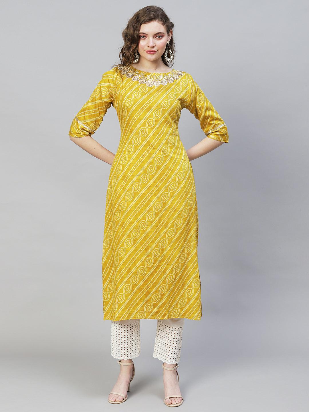 Bandhani Printed & Hand Embroidered Straight Fit Kurta – Mustard - Indiakreations