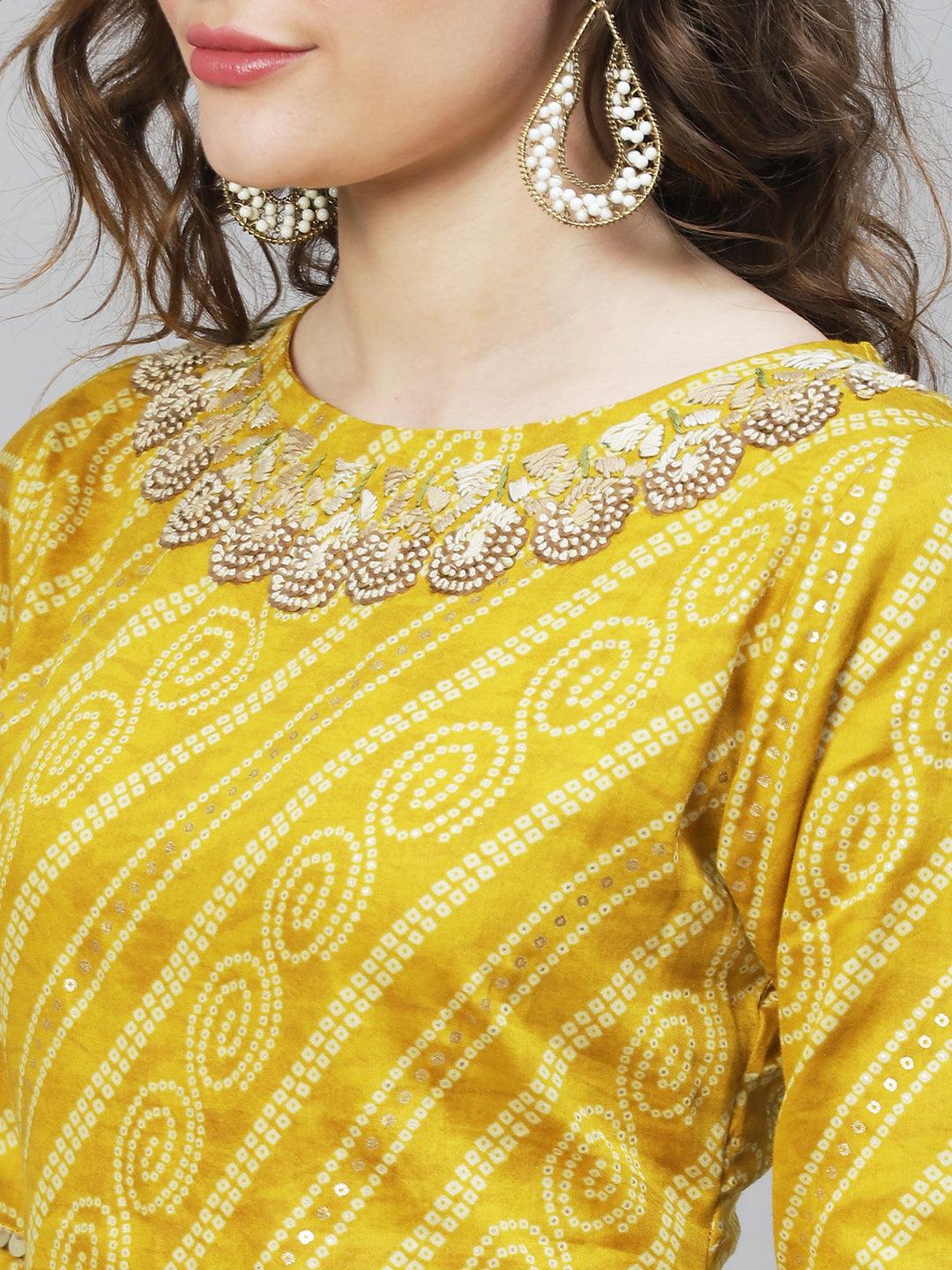 Bandhani Printed & Hand Embroidered Straight Fit Kurta – Mustard - Indiakreations