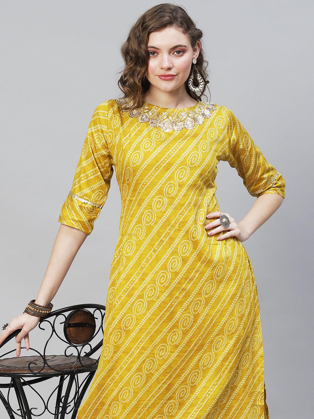 Bandhani Printed & Hand Embroidered Straight Fit Kurta – Mustard - Indiakreations