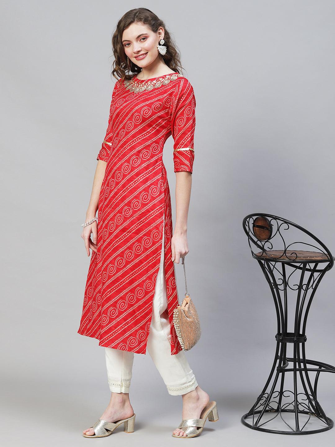 Bandhani Printed & Hand Embroidered Straight Fit Kurta – Red - Indiakreations