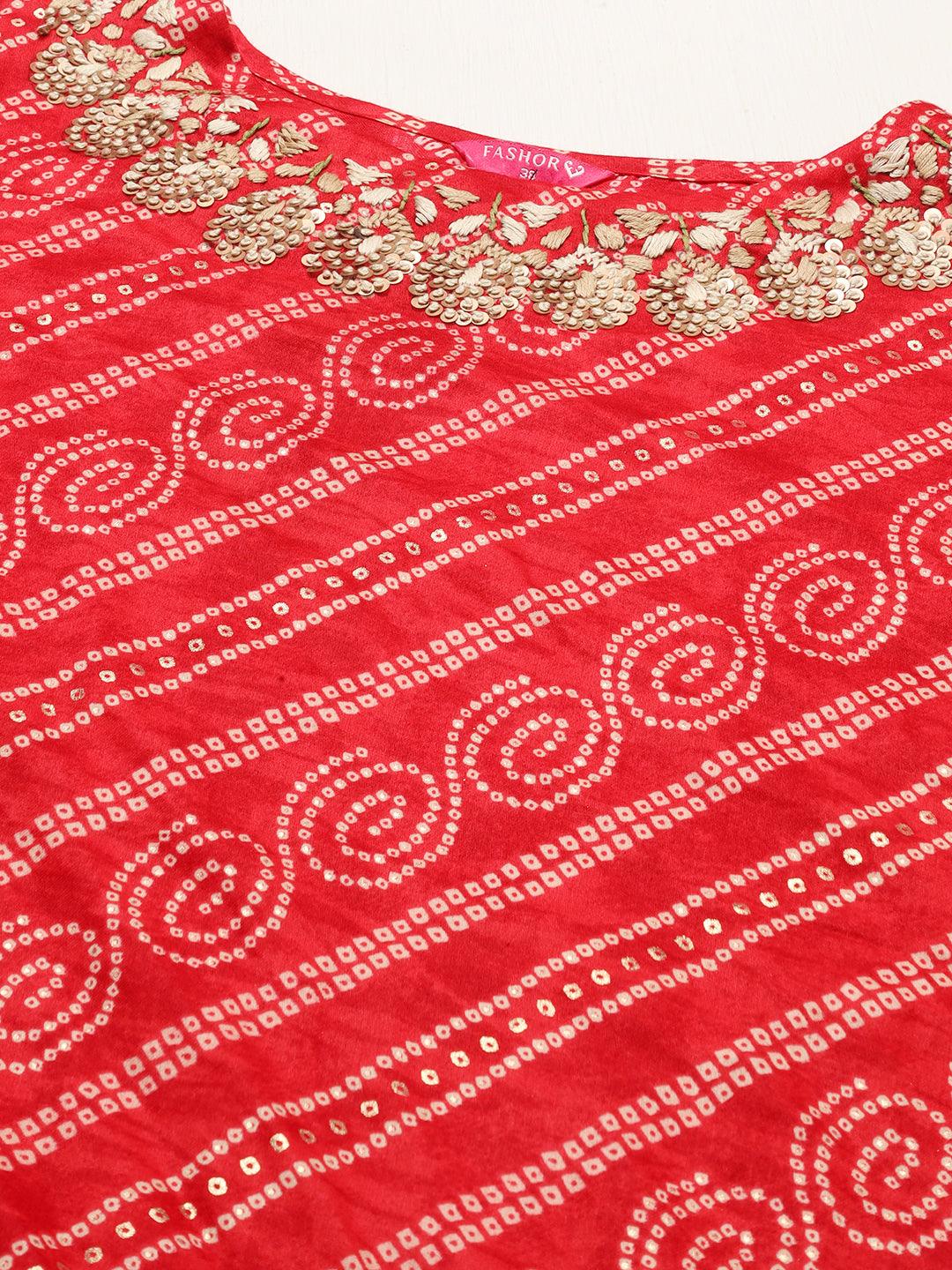 Bandhani Printed & Hand Embroidered Straight Fit Kurta – Red - Indiakreations