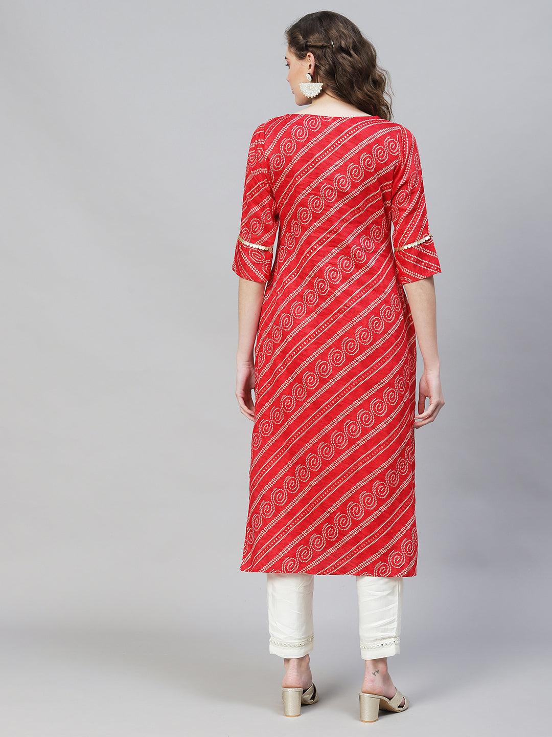 Bandhani Printed & Hand Embroidered Straight Fit Kurta – Red - Indiakreations