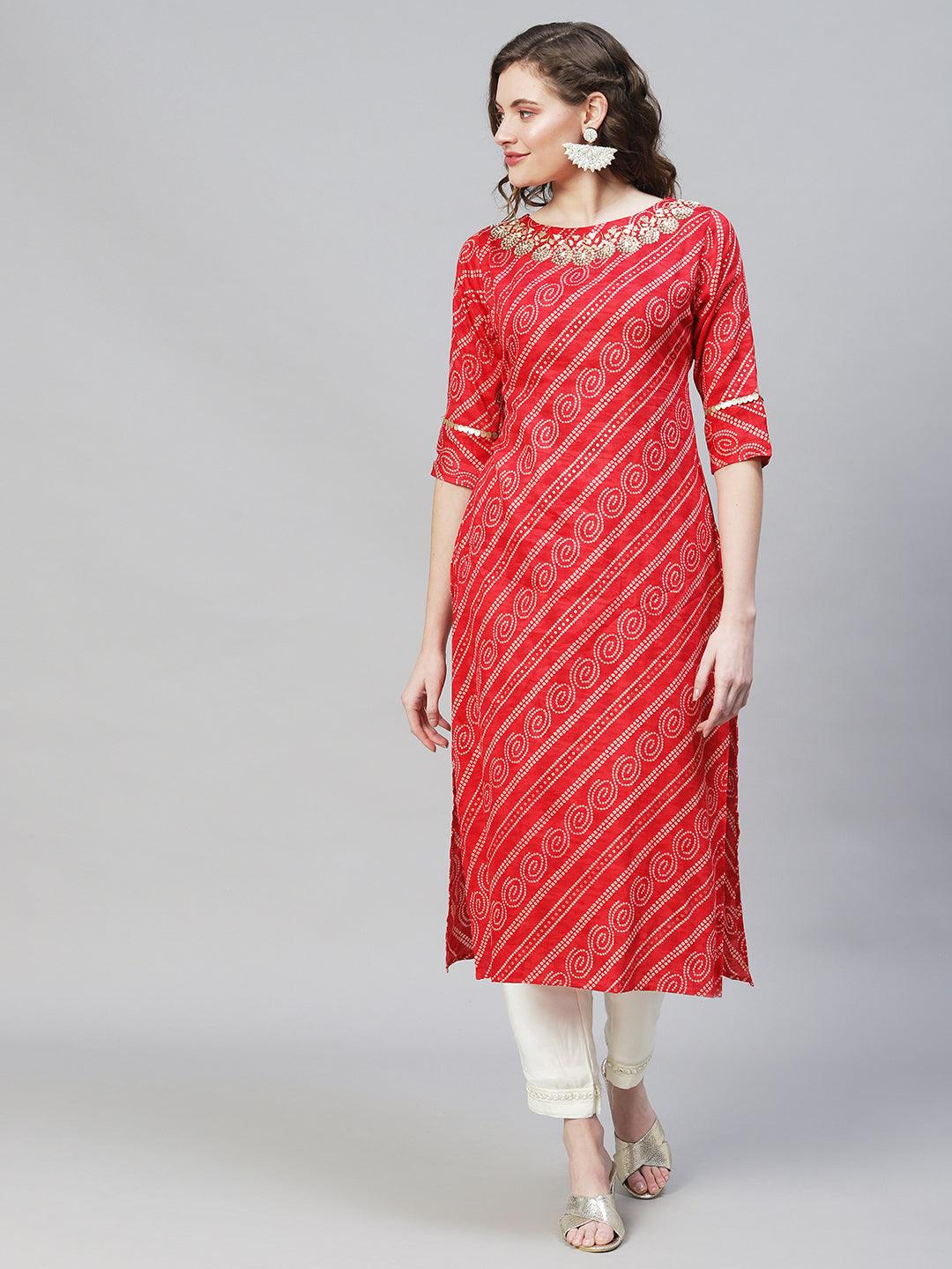 Bandhani Printed & Hand Embroidered Straight Fit Kurta – Red - Indiakreations