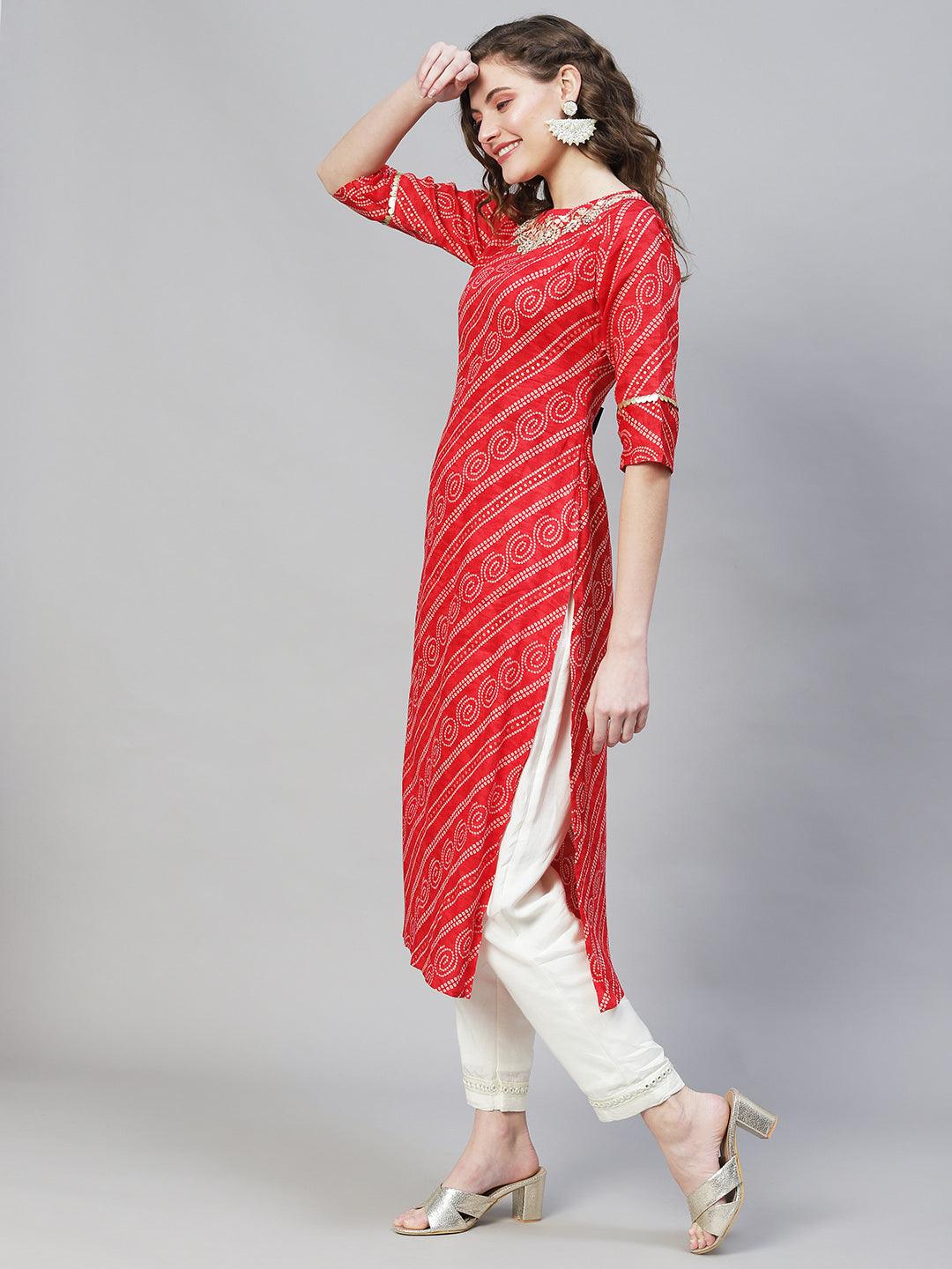 Bandhani Printed & Hand Embroidered Straight Fit Kurta – Red - Indiakreations